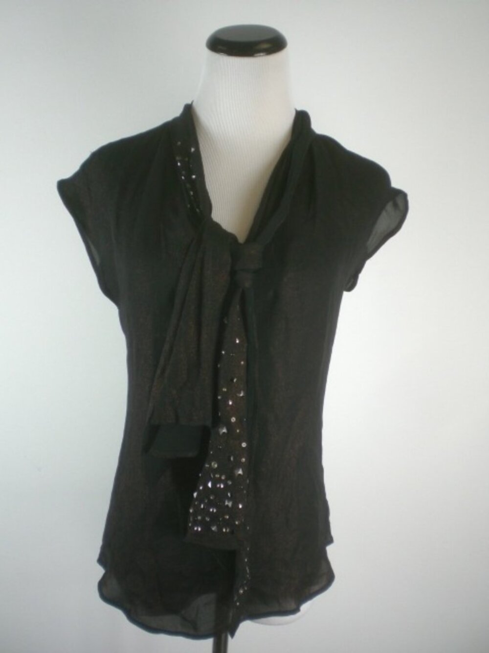 Twelfth Street Cynthia Vincent black sleeveless bow tie studd beaded silk top XS